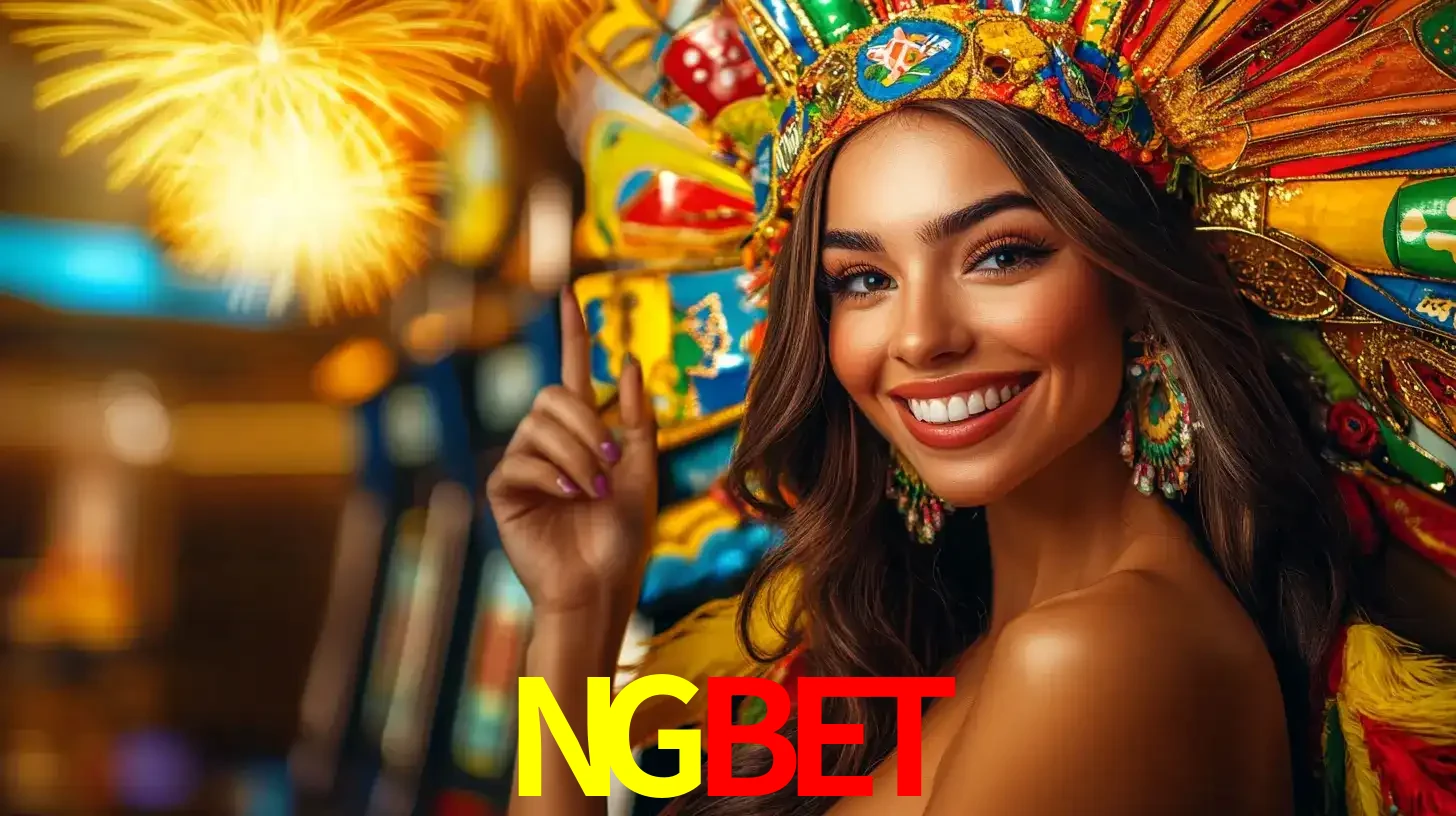 Mulher sorridente com um cocar de carnaval vibrante e colorido, celebrando uma grande vitória nos jogos do cassino NGBET com fogos de artifício ao fundo.
