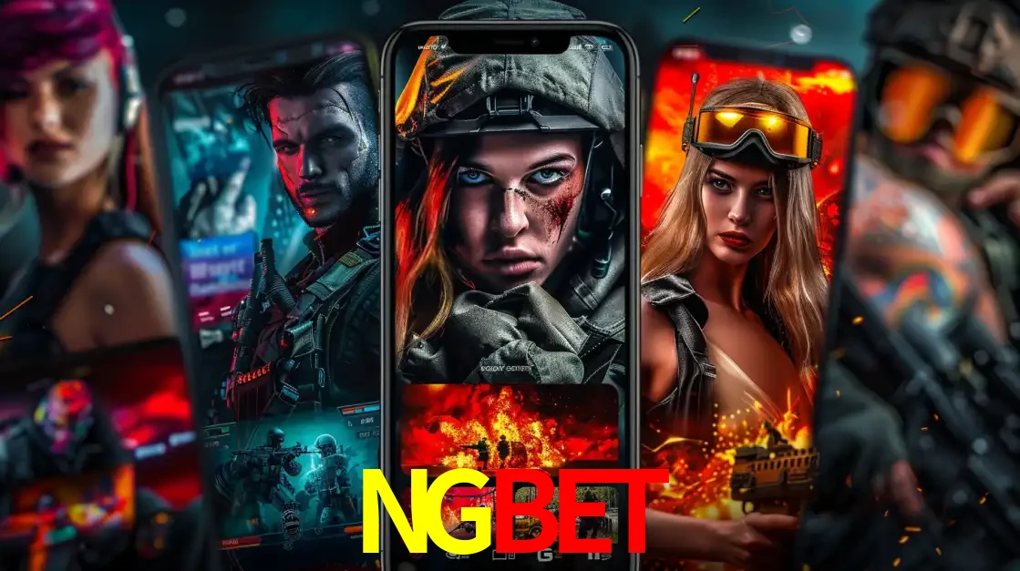 Montagem de telas de celular mostrando diversos personagens, masculinos e femininos, de um jogo de tiro, ilustrando a diversidade de equipes de e-sports para apostar no NGBET.