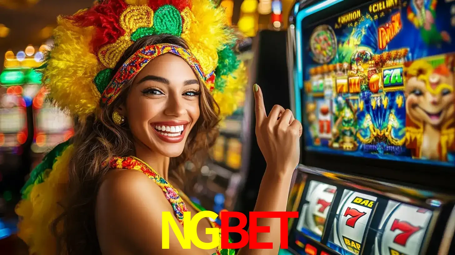Mulher animada com um cocar de carnaval apontando para uma máquina de caça-níqueis, mostrando a emoção de ganhar um grande prêmio nos jogos do NGBET.