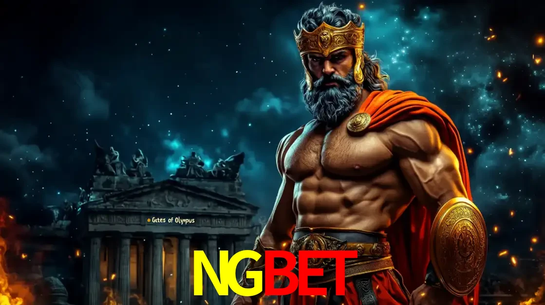 O poderoso Zeus do jogo de slot Gates of Olympus em frente ao seu templo, pronto para lançar multiplicadores divinos e prêmios épicos no cassino online NGBET.