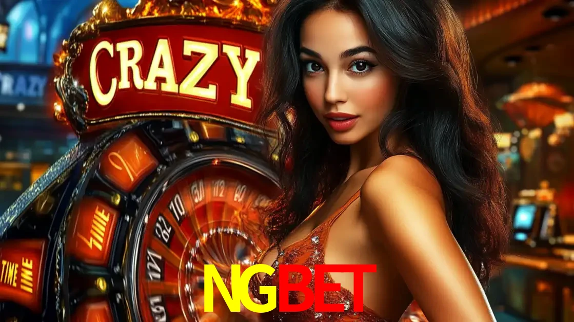 Mulher glamourosa olhando para a câmera com a roda vermelha do Crazy Time ao fundo em um ambiente de cassino, destacando a emoção dos jogos ao vivo no NGBET.