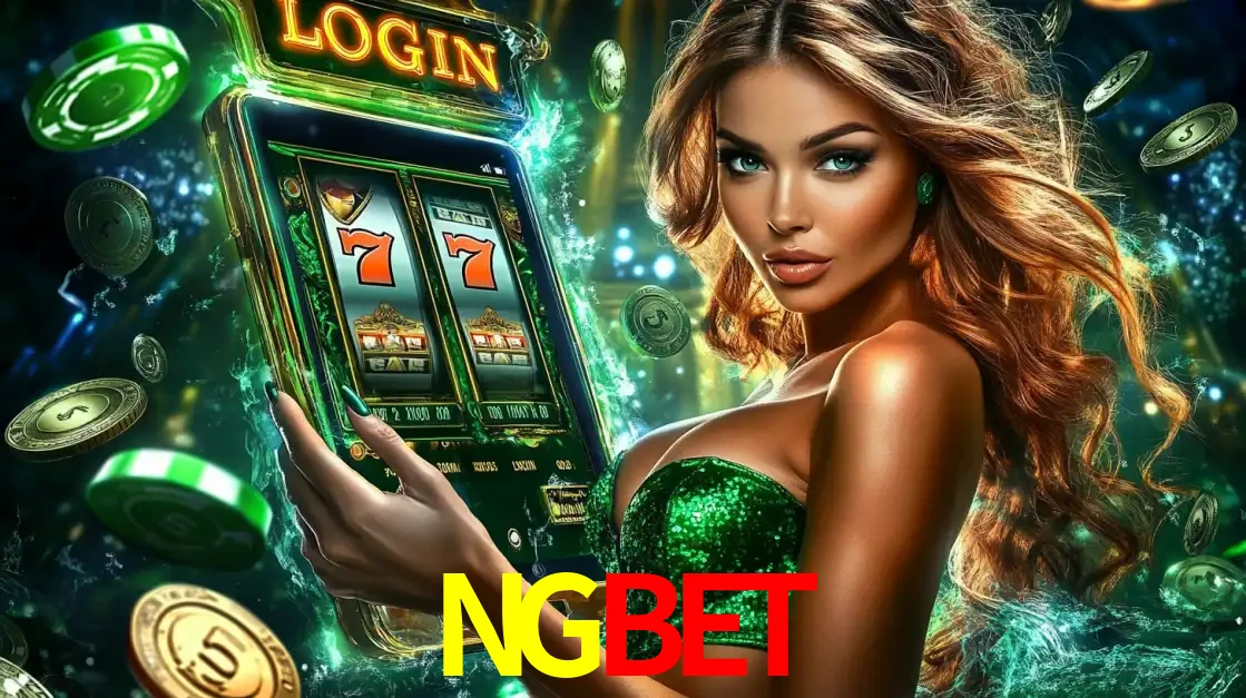 Mulher com tema verde apresentando o aplicativo do cassino NGBET com um jogo de slot de 777, cercada por fichas de cassino e uma aura de sorte.