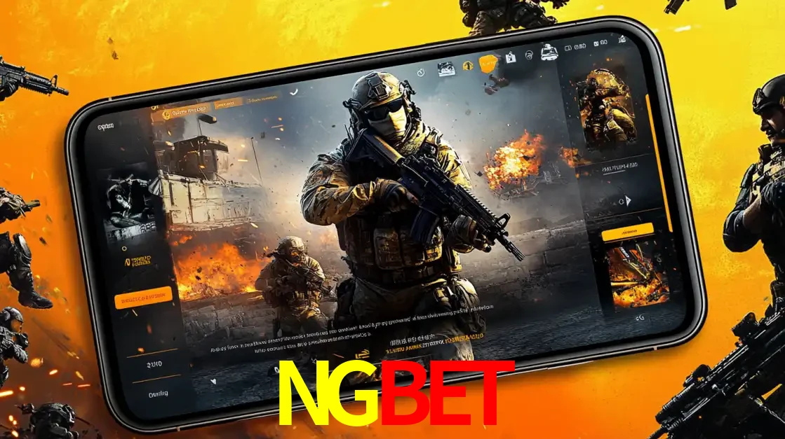 Um smartphone exibindo a interface de um jogo de tiro em primeira pessoa, com um soldado em um cenário de batalha, representando a ação dos e-sports para apostar no NGBET.