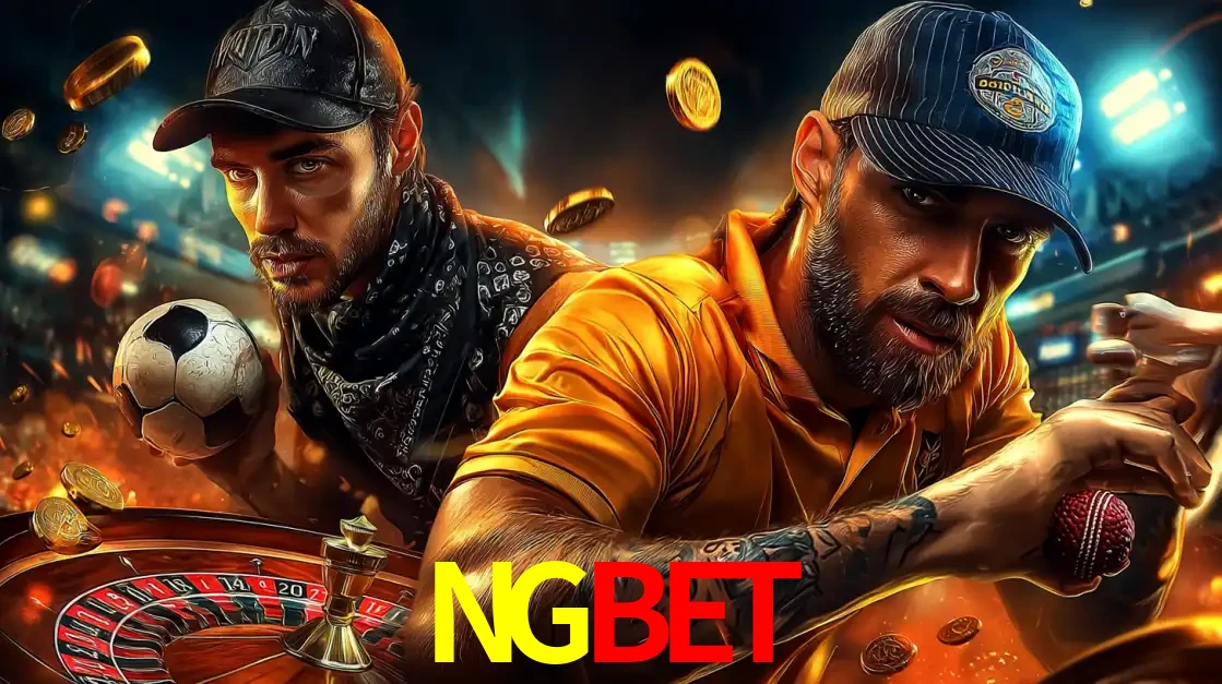 Montagem de apostas esportivas e cassino no NGBET, com um homem segurando uma bola de futebol e outro uma de beisebol sobre uma roleta e moedas voadoras.