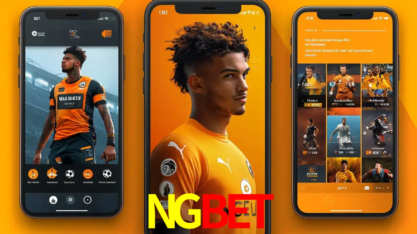 Interface do aplicativo de apostas esportivas NGBET em três telas de celular, mostrando o perfil de um jogador de futebol e a lista de jogos disponíveis para apostar.