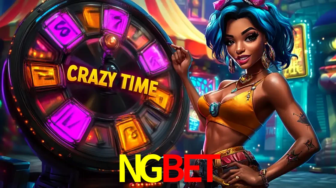 Mulher estilizada com cabelo azul e visual vibrante posando ao lado da roda de prêmios do game show Crazy Time, convidando para a diversão e os bônus do cassino NGBET.