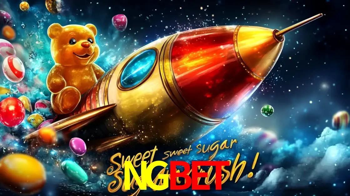 Arte promocional do jogo de slot Sugar Rush, com um urso de pelúcia em um foguete viajando pelo espaço de doces, um dos jogos divertidos disponíveis no cassino NGBET.