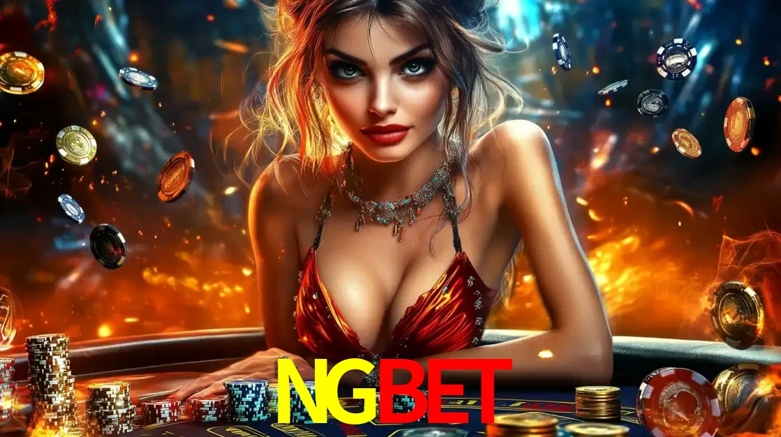 Mulher em uma mesa de cassino com pilhas de fichas e um fundo de fogo, pronta para uma rodada de altas apostas nos jogos de mesa emocionantes do cassino NGBET.