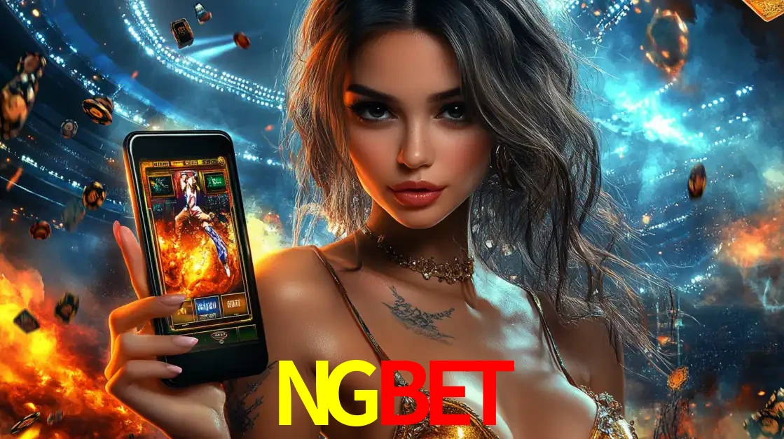Mulher segurando um celular com um jogo de slot em destaque, tendo como fundo um estádio vibrante, simbolizando a emoção de jogar no cassino móvel NGBET.
