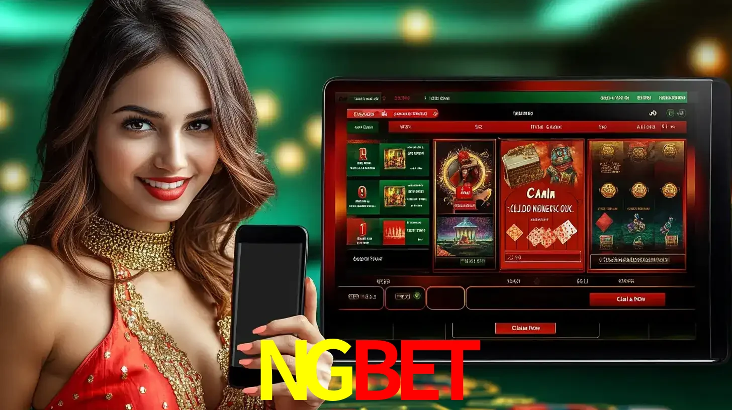 Mulher sorridente segurando um smartphone, ao lado de uma tela exibindo o lobby de jogos do cassino online NGBET, com várias opções de jogos de cartas e slots.
